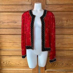 Vintage Red Silk Beaded Jacket Black Gold Eclectic